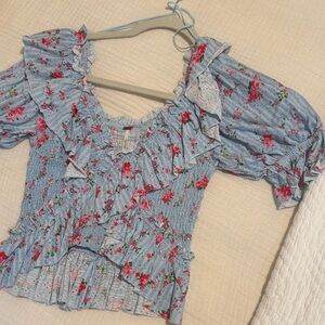 Free People Blue Floral Ruffle Blouse